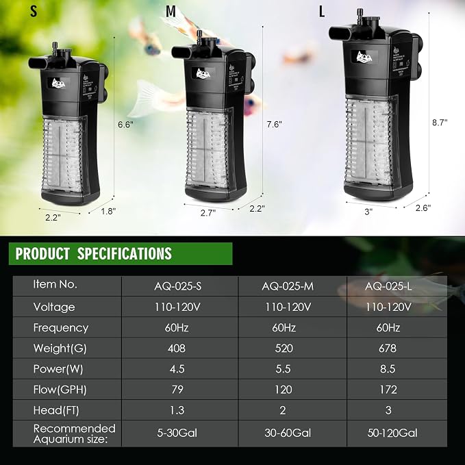 AQQA Aquarium Internal Filter Submersible Power Filter in-Tank - Image 6