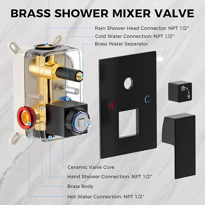 10" Matte Black Rainfall Shower Faucet Set with Rain Shower Head & Handle Set, Wall-Mounted Shower System, Full Metal Trim, Includes Shower Valve Complete Shower Kit