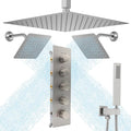 Thermostatic Shower System Three Shower Heads with 16" Ceiling Mounted Rain Shower Head & 2 x 6" Wall Mounted Head 4 Function Shower System Can All Run Together, Brushed Nickel