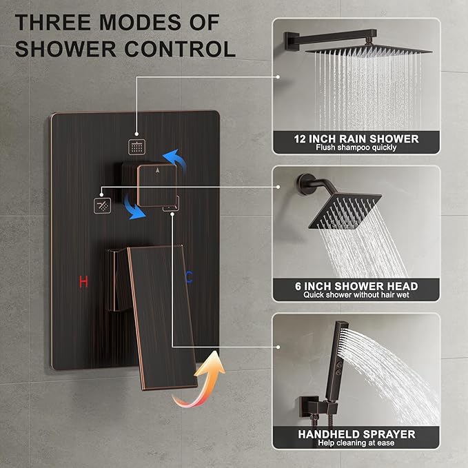 Shower Faucet Set, Wall Mount Shower System 12 and 6 Inch Dual Shower Head Set with 2 in 1 Handheld Spray Rain Shower Faucet with Rough-in Valve and Shower Trim Kit, Oil Rubbed Bronze