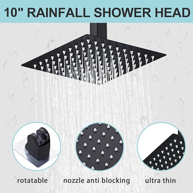 10 Inch Shower Faucet Set Ceiling Mount, High Pressure Rainfall Shower System, Square Rain Shower Spray Combo Luxury Shower Fixtures Matte Black
