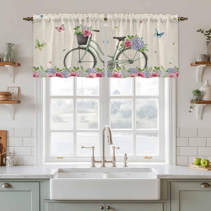 Farmhouse Spring Tier Curtains, Retro Bicycles Flowers Vines Butterfly Light - Image 2