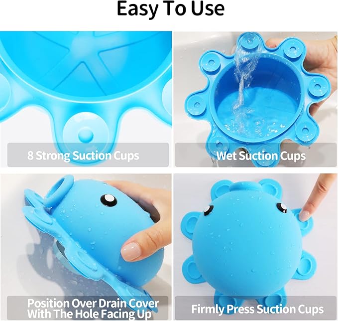 Bath Tub Overflow Drain Cover- Silicone Bathtub Overflow Cover with Suction Cups, Tub Drain Block Adds Inches of Water for Deeper Bath, Cute Bathroom Accessories, Blue
