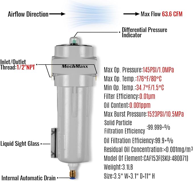 63 CFM Compressed Air Oil-Water Separator Precision Filter, Oil Content 0.001ppm - Image 2