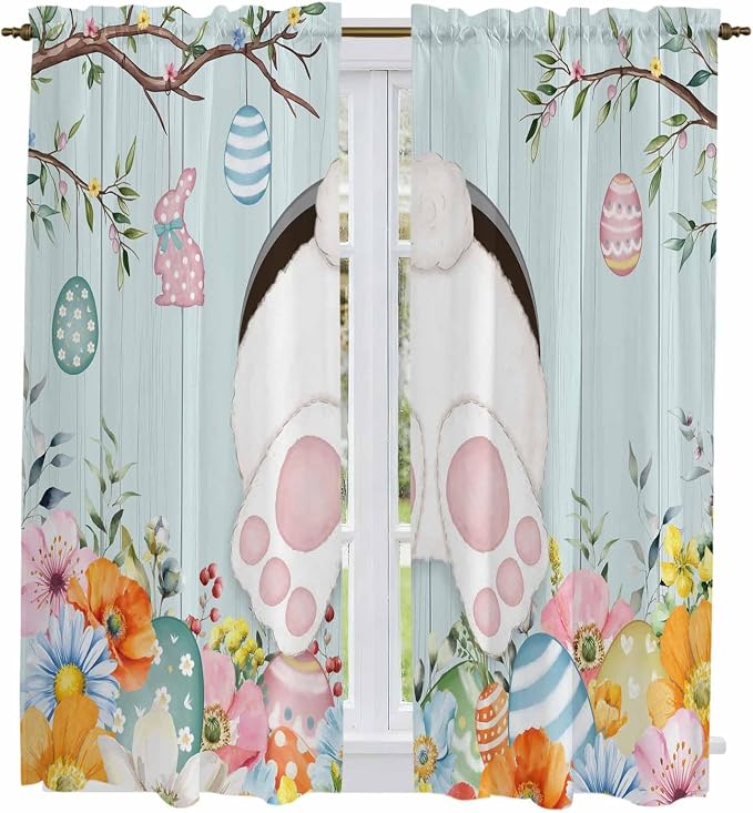 Easter Bunny Window Curtains 63 Inch Long 2 Panel Set, Rod Pocket Bedroom - Image 2