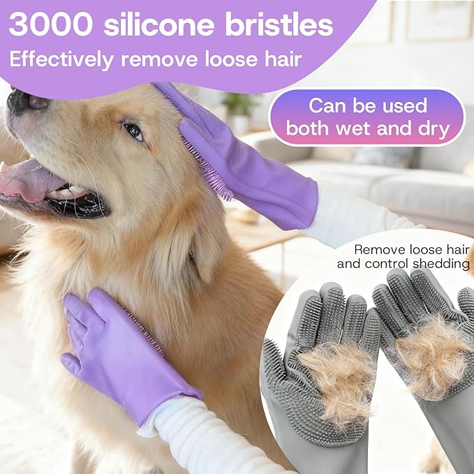 2-Pair Pet Hair Remover Glove for Dogs and Cats Washing, Grooming, & Deshedding – Multipurpose Silicone Dog Bath Gloves, Cat Brush Glove Mitt for Pet Cleaning & Household Use (Purple & Grey)