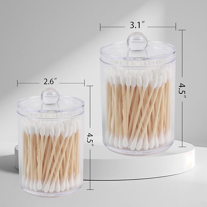 4 Pack Acrylic Qtip Holder Dispenser,Bathroom Canisters Apothecary Jar Set, Vanity Makeup Storage Organizer Set, 10 and 12 oz
