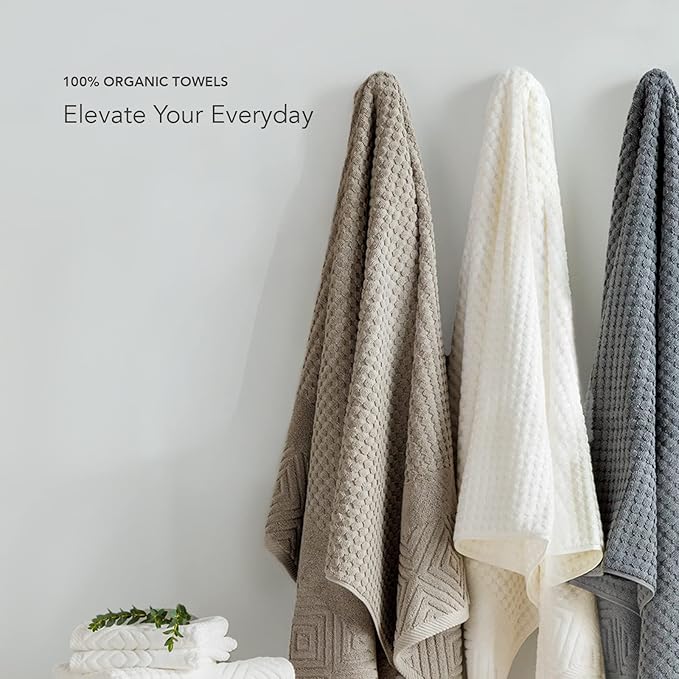 Texere 100% Organic Cotton Diamond Jacquard 700 GSM Luxury Bath Towel Sets - Ultra Soft and Absorbent Hotel and Spa Quality (Diamond, Bright White, 2 Bath & 2 Hand Towels)