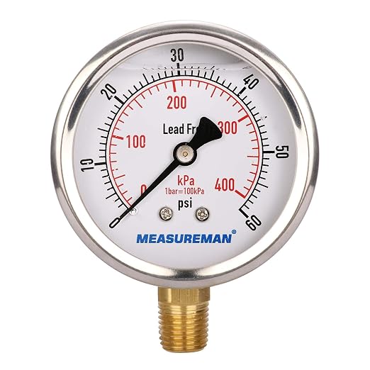 MEASUREMAN Lead-Free Pressure Gauge, 2-1/2inch Dial, Glycerin Filled, by MEASUREMAN