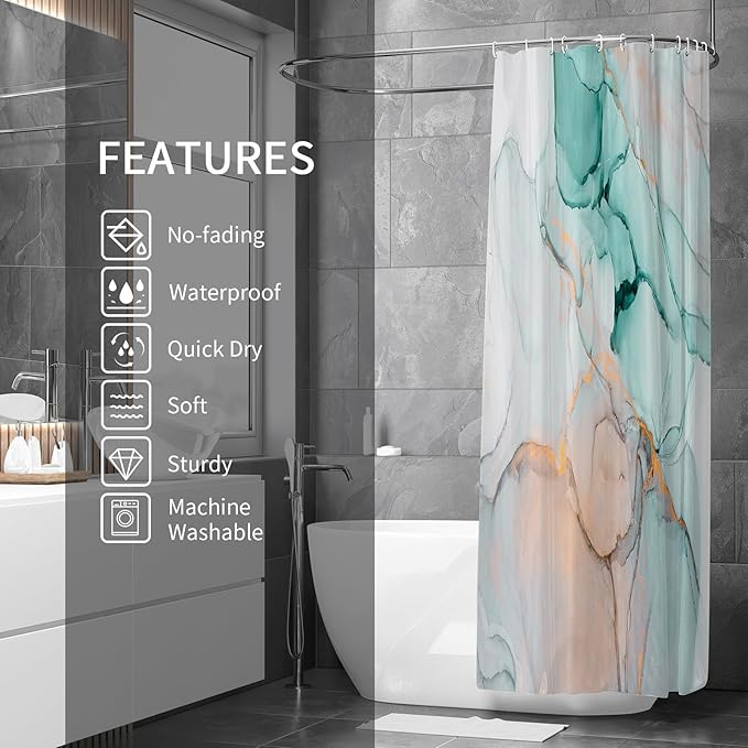 Gibelle Extra Long Shower Curtain 72 x 84, Tall Abstract Grey Teal Marble Shower Curtain, Modern Ink Art Waterproof Fabric Shower Curtain Set with Hooks