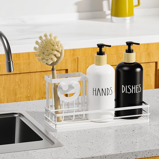 Moforoco Kitchen Dish Soap Dispenser Set, 16OZ Glass Bottle, Hand and Dish Soap Dispenser Set, Instant Dry Tray, Non-Slip Silicone Pad, Brush Holder with Smiley Face Sponge Holder, Kitchen Decor