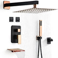Shower Faucet Set with Tub Spout, Matte Black and Rose Gold Rainfall Shower System Complete Wall Mounted for Bathroom with 12 Inch Square Shower Head and Handheld Shower Head Rain Mixer Combo