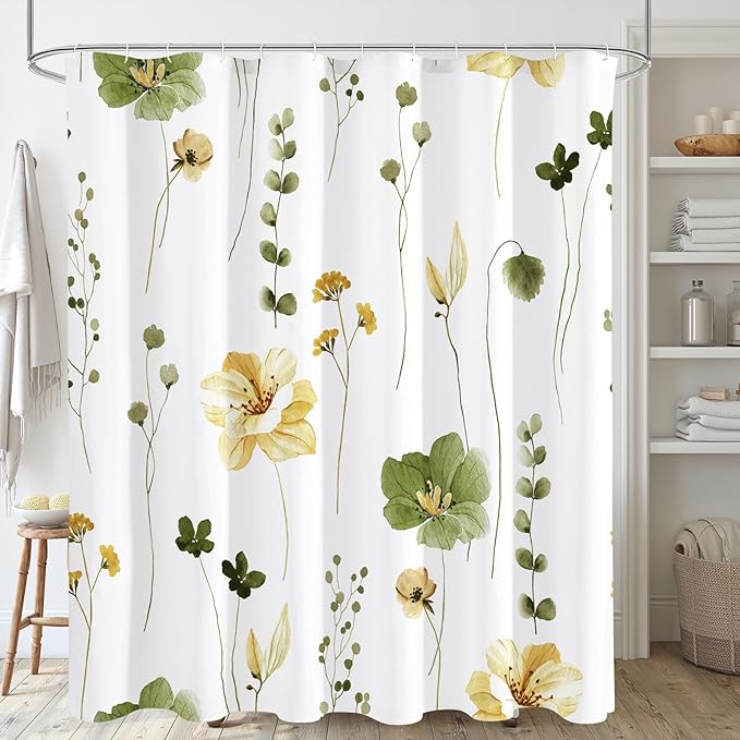Gibelle Extra Long Shower Curtain 72 x 84, Watercolor Floral Fabric Shower Curtain, Olive Green Beige Flower Decorative Bathroom Shower Curtain Set