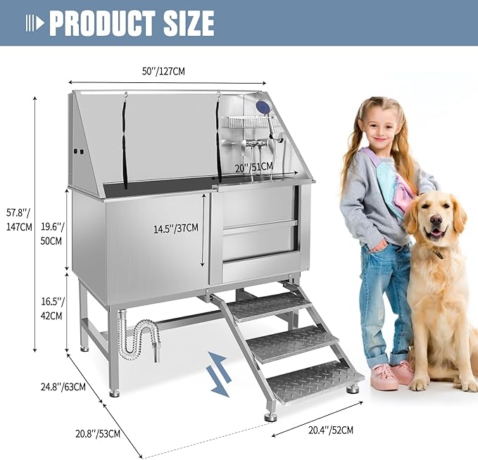 Stainless Steel Dog Cat Pet Grooming Bath Tub (w/Faucet, Sprayer, Shampoo Rack)