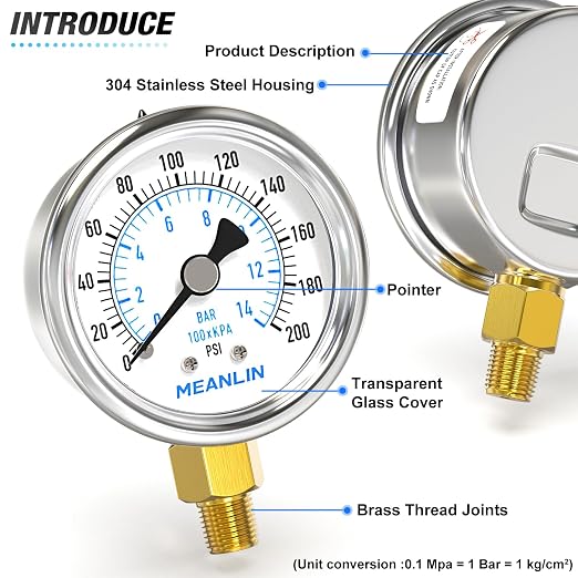 MEANLIN MEASURE 0~200Psi Dry Pressure Gauge Stainless Steel 1/8" NPT 2" FACE - Image 4