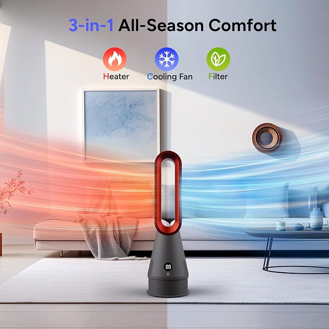 Bladeless Fan, 25inch Heating & Cooling & Filter Combo Tower Fan 80° Oscillating - Image 3