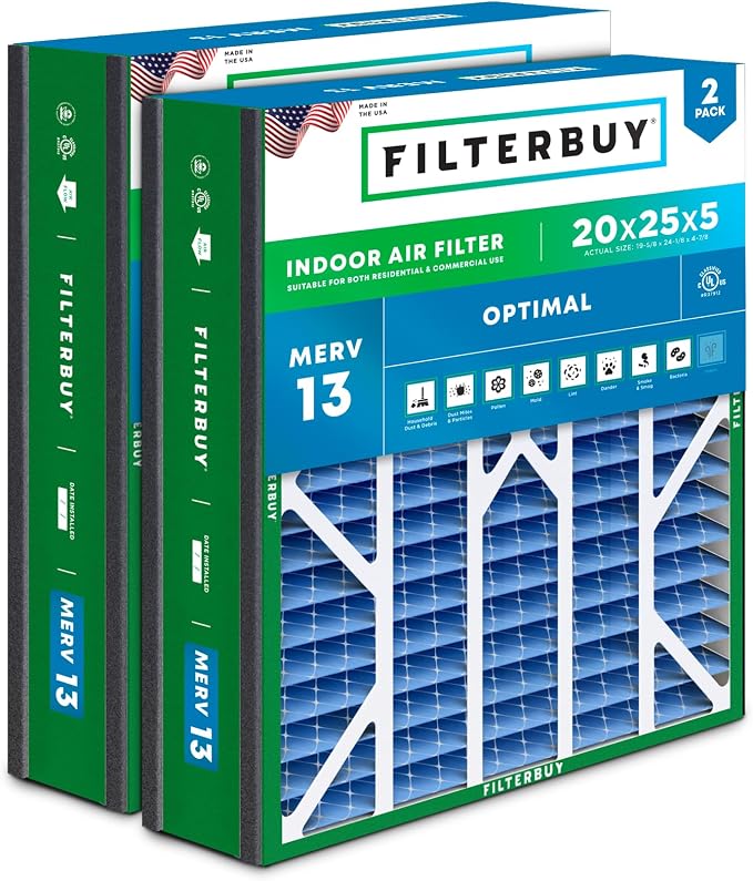 Filterbuy 20x25x5 Air Filter MERV 13 Optimal Smoke & Allergy Defense, Pleated by Filterbuy