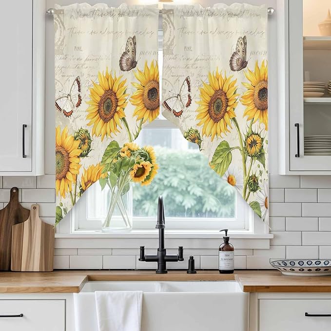 Farm Sunflowers Swag Valances for Windows, Retro Flowers Butterfly Botanical - Image 2