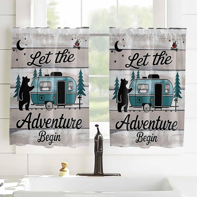 Farmhouse Bear Camper Van Tree Window Valance Curtains, Vintage Wood Grain - Image 2