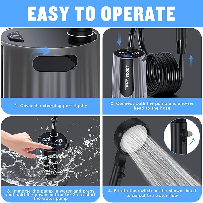 Portable Shower for Camping, [Upgraded] 10000mAh Rechargeable Camping Shower with 5 Adjustable Speeds,Premium LED Display, IPX8 Waterproof Outdoor Shower Kit for Hiking, Car, Pet, Travel