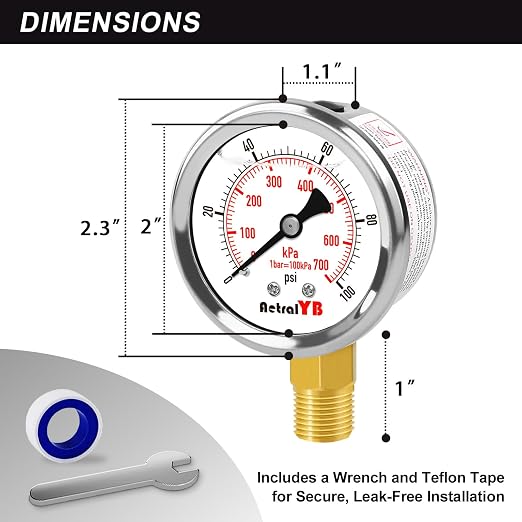 0-100 Psi 2-inch Pressure Gauge, Glycerin Filled, 1/4" NPT Lower Mount - Image 3