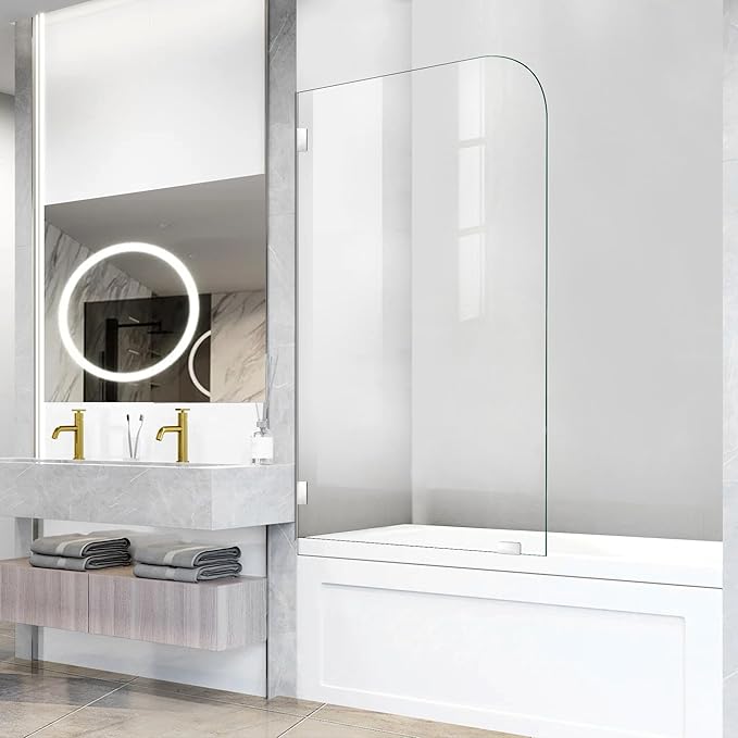 Bathtub Shower Door, 30" W X 58" H Fixed Tub Glass Panel with Clamps, 1/4"(6mm) Clear Tempered Frameless Shower Glass Door, Tub Shower Doors in Polished Chrome Finish