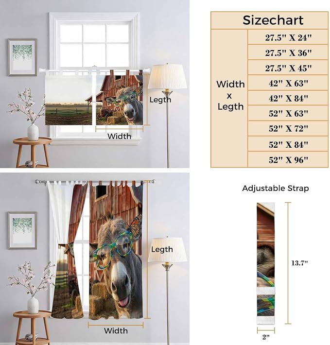 Farm Donkeys Kitchen Curtains 24 Inch Length, Small Window Curtains Tab Top - Image 8