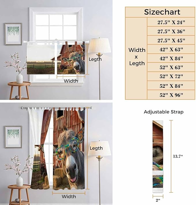 Farm Donkeys Bedroom Curtains 63 Inch Length, Window Curtains Tab Top, - Image 8