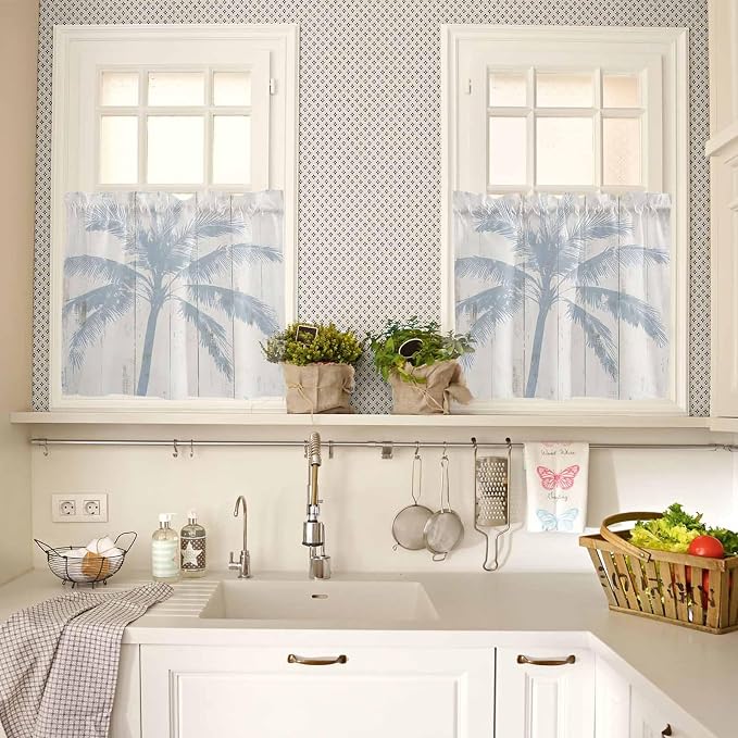 Summer Coconut Tree on Vintage Wood Grain Window Valance Curtains, Seaside - Image 7