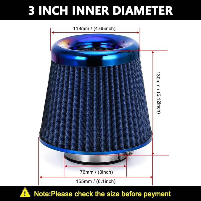 Cold Air Intake Filter, High Performance, Washable Filter, Clamp-On Replacement - Image 2