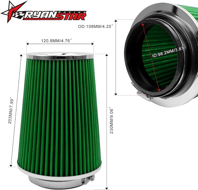 RYANSTAR RACING 102mm 4" High Flow Round Tapered Cone Cool Air Filter Cleaner - Image 2