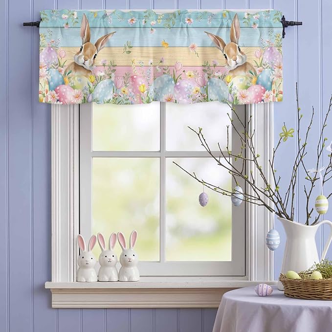 Kitchen Valances for Window, Spring Easter Eggs Rabbit Flower Light Filtering - Image 7