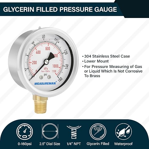 MEASUREMAN 2-1/2inch Dial Size, Oil Filled Pressure Gauge, 0-160psi/kpa - Image 2