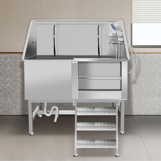 Stainless Steel Dog Cat Pet Grooming Bath Tub (w/Faucet, Sprayer, Shampoo Rack)