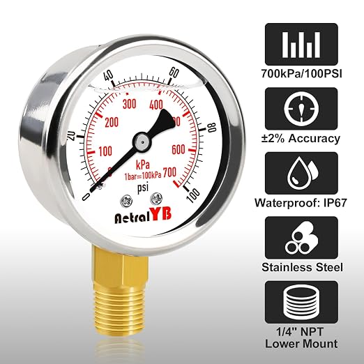 0-100 Psi 2-inch Pressure Gauge, Glycerin Filled, 1/4" NPT Lower Mount - Image 2