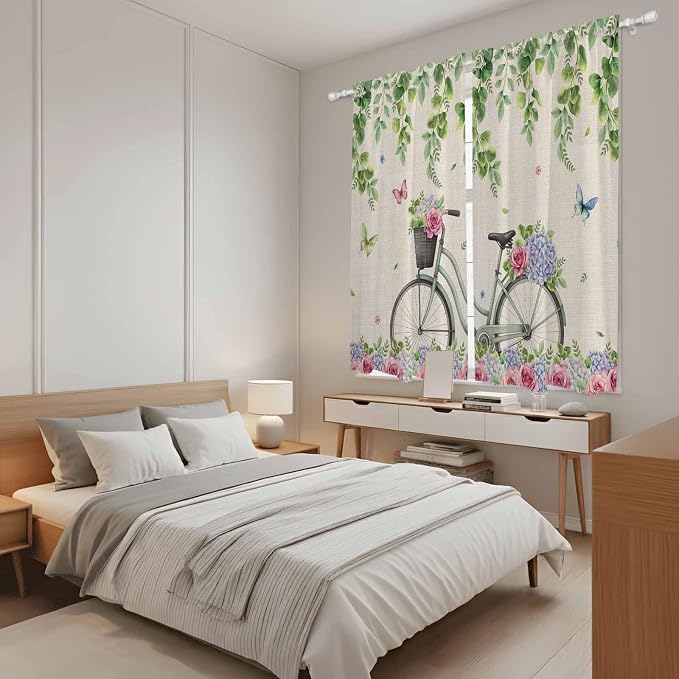 Farmhouse Spring Kitchen Curtains, Retro Bicycles Flowers Vines Butterfly Light - Image 4