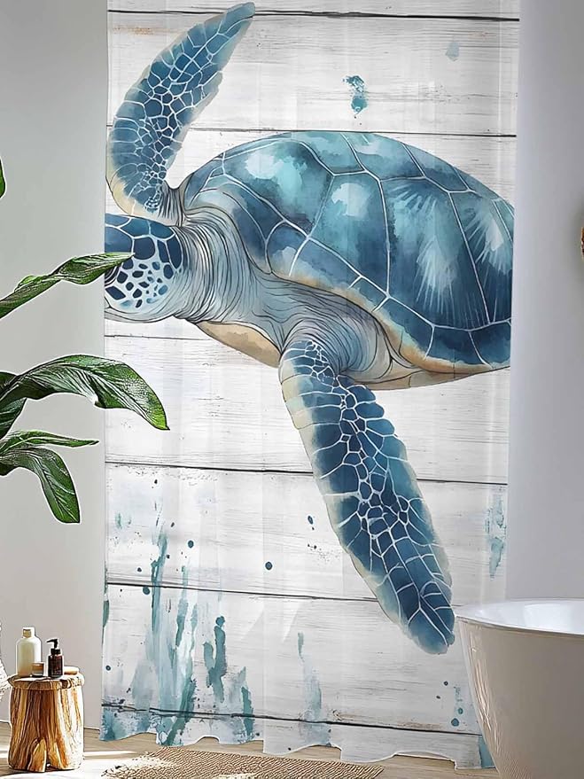 Sheer Curtains 96 Inches Long, Teal Green Ocean Turtle Semi Sheer Curtains - Image 4