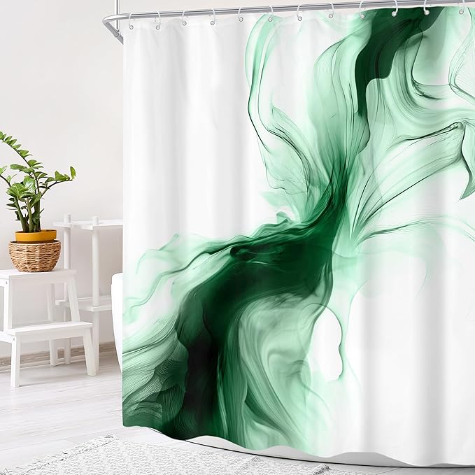 Cinbloo Green Shower Curtain 60Wx72H Abstract Marble Ombre Modern Ink Texture Minimalist Dark Smoke Shapes Bathroom Curtain Set Chic Simple Aesthetic Men Neutral Bath Bathroom Accessories Decor