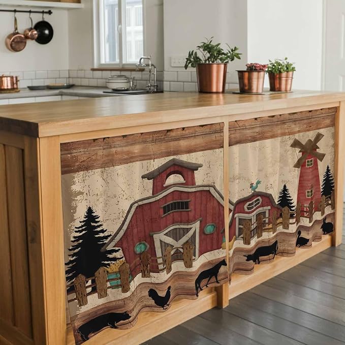Brown Farmhouse Tier Curtains, Vintage Country Animals Wooden Grain Light - Image 7