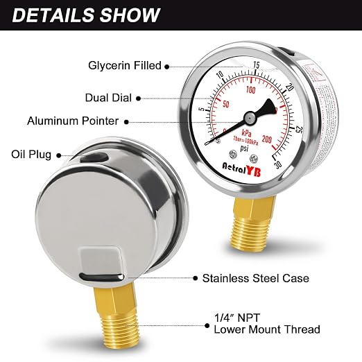 0-30 PSI Pressure Gauge, Glycerin-Filled, 2-Inch Stainless Steel Gauge - Image 3
