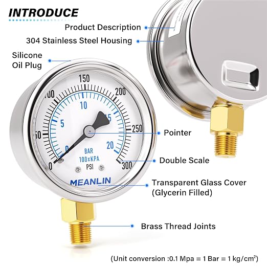MEANLIN MEASURE 0~300Psi Dry Pressure Gauge Stainless Steel 1/8" NPT 2" FACE - Image 4