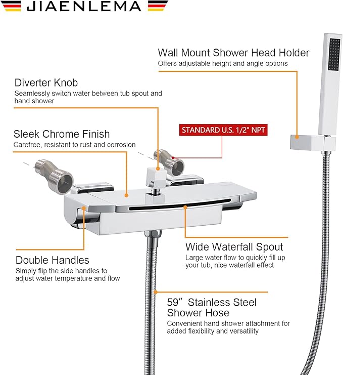 Wall Mount Tub Faucets Chrome Waterfall Tub Faucet with Sprayer, Wall Mount Tub Filler, Brass Bathtub Wall Faucet with Hand Shower, 2 Handles - JIAENLEMA
