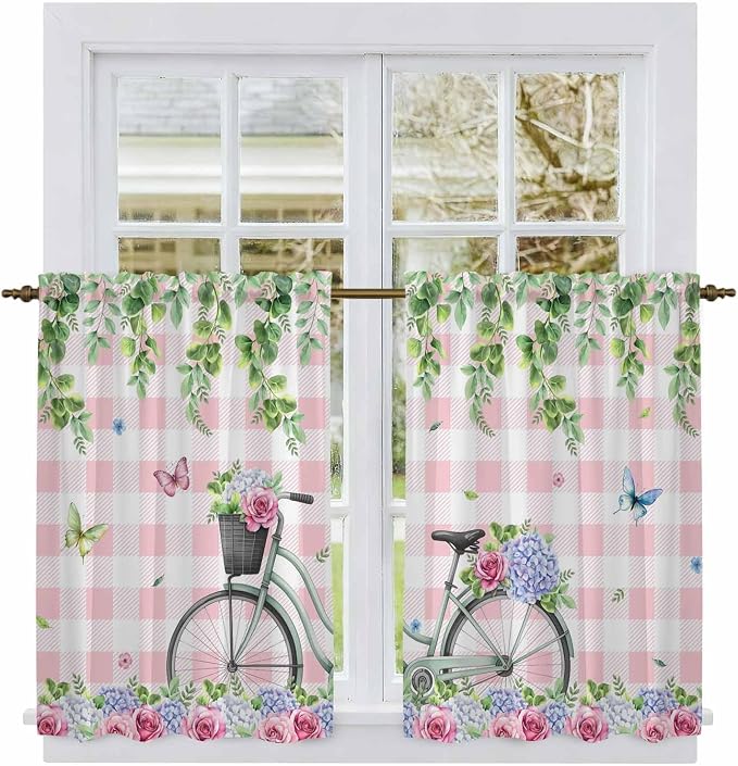 Spring Kitchen Curtains, Bicycles Leaves Butterfly Flowers Pink Buffalo Plaid - Image 2