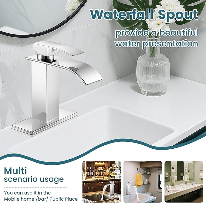 Bathroom Faucets Chrome Waterfall Bathroom Sink Faucet Modern Single Handle Bathroom Faucet for 1 or 3 Hole Mxier Tap Washbasin Faucet with Deck, Pop-up Drain and Supply Hoses