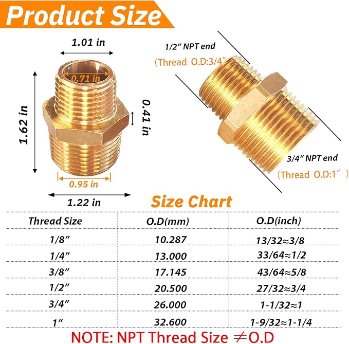 2pcs 3/4" NPT x 1/2" NPT Brass Nipple, 3/4 to 1/2 Adapter Fitting Reducing - Image 2