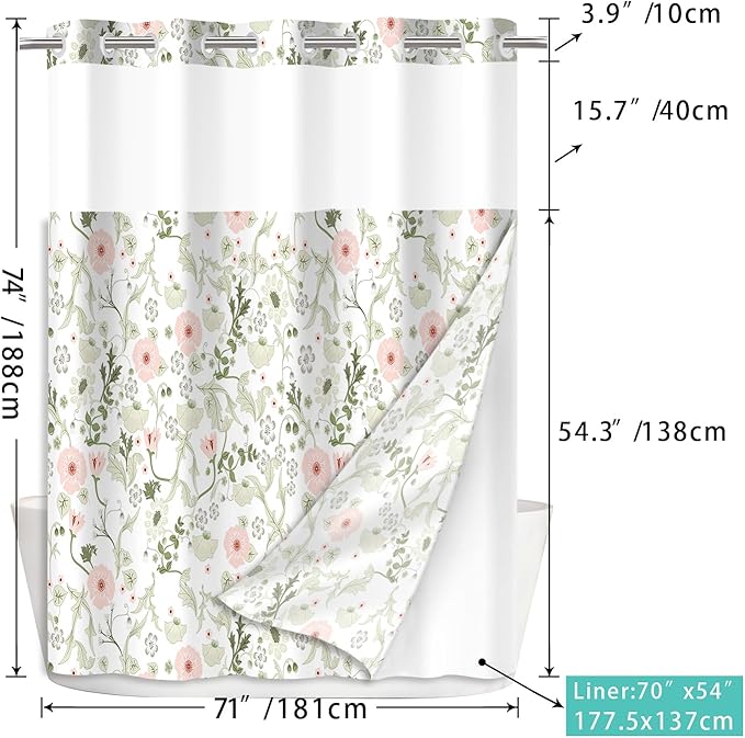 No Hook Shower Curtain Set with Snap in Fabric Liner for Bathroom,with See Through Top Window,Double Shower Curtain with Detachable Liner Replacement,Machine Washable,Green Floral,71"x 74"