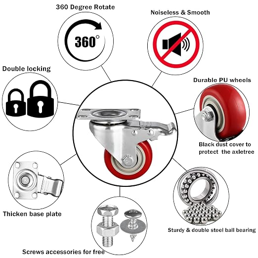 4" Casters Set of 4 Heavy-duty Industrial Caster Wheels, PU Noiseless Wheels - Image 2