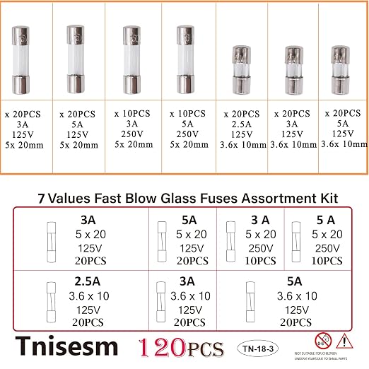 Tnisesm 120 Pcs Fast Blow Glass Fuses Assortment Kit 125V- 3A, 5A 5 x 20mm - Image 5