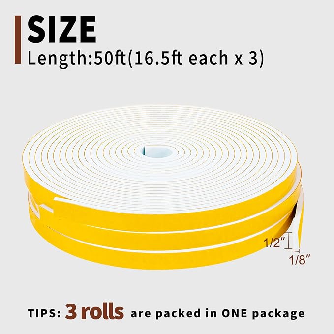 Yotache White Windows Doors Insulation Seal Tape 3 Rolls 1/2" x1/8", Adhesive - Image 4