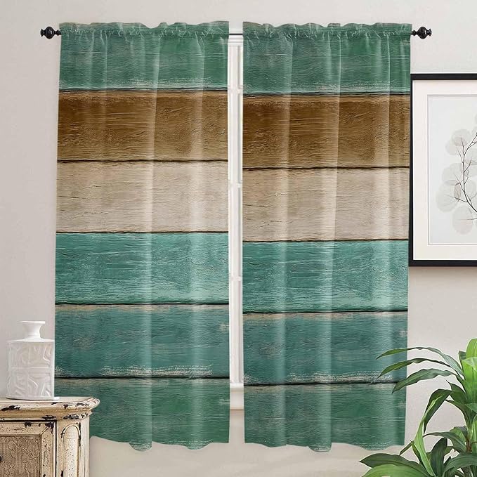 Vintage Plank Turquoise Brown Window Valance Curtains, Farmhouse Wood Grain - Image 7